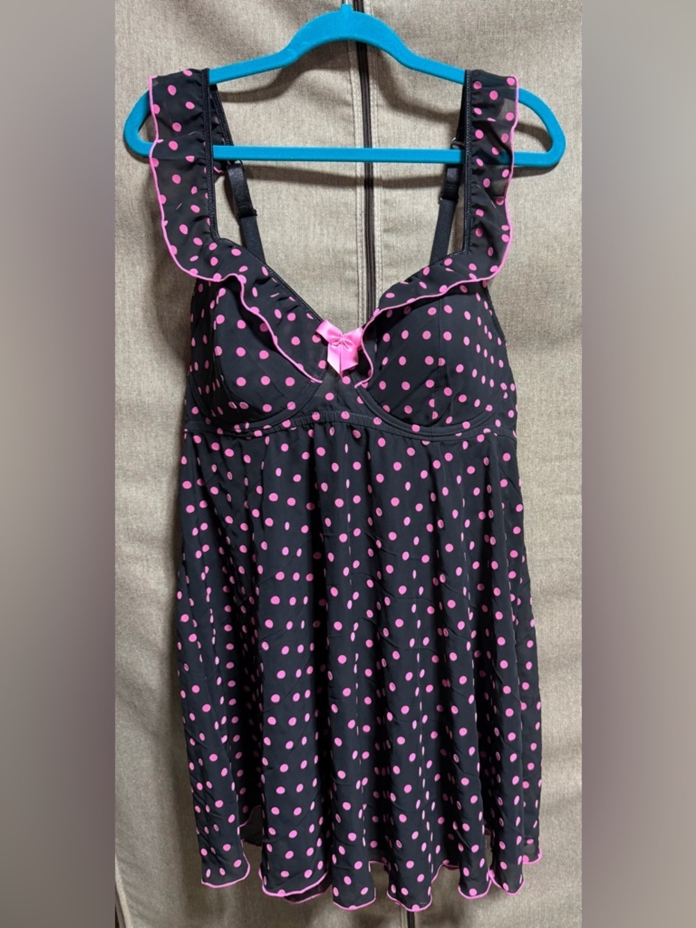 Cacique Lingerie Black & Pink Polka Dot  Chemise w/Matching Bikini Bottoms 18W